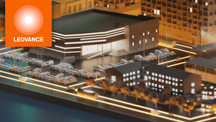 Eine modellhafte Darstellung einer Stadtlandschaft im Halbdunkel bei der Gebäude und Straßen beleuchtet sind. Daneben das Logo des Herstellers Ledvance